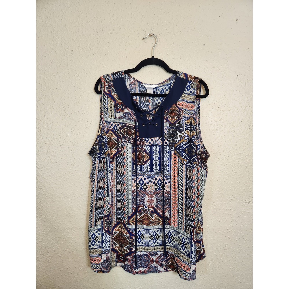 cj banks Sleeveless Blouse Navy Orange Women 2X Lace Up V-Neck Geometric Paisley